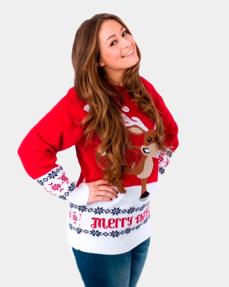 femme Pull de Noël pour Couple Rouge avec Renne Patinant