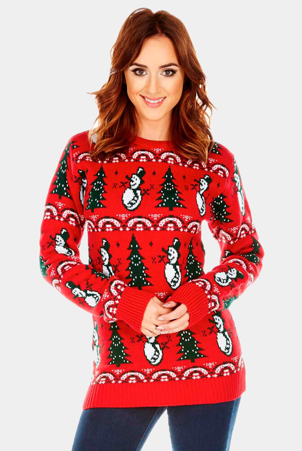 Pull de Noël pour Couple Rouge avec Sapins et Bonhommes de Neige femme