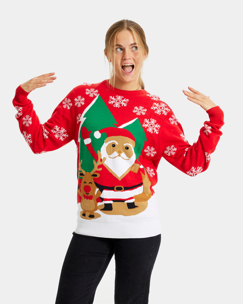 Femme Pull de Noël pour Famille Rouge avec Père Noël et Renne Saluant