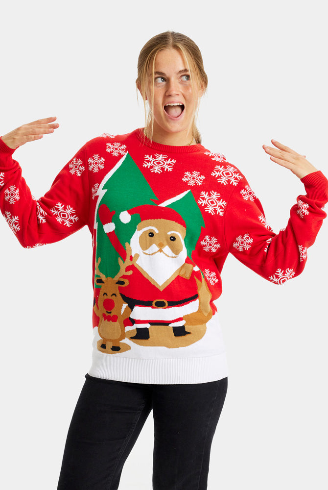 Femme Pull de Noël pour Famille Rouge avec Père Noël et Renne Saluant