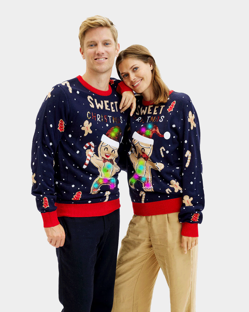 Pull de Noël Homme et Femme Lumineux LED Bleu Ginger Cookie