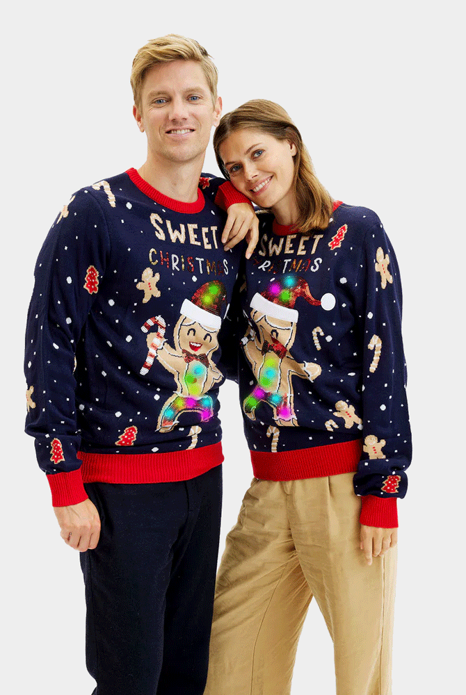 Pull de Noël Homme et Femme Lumineux LED Bleu Ginger Cookie