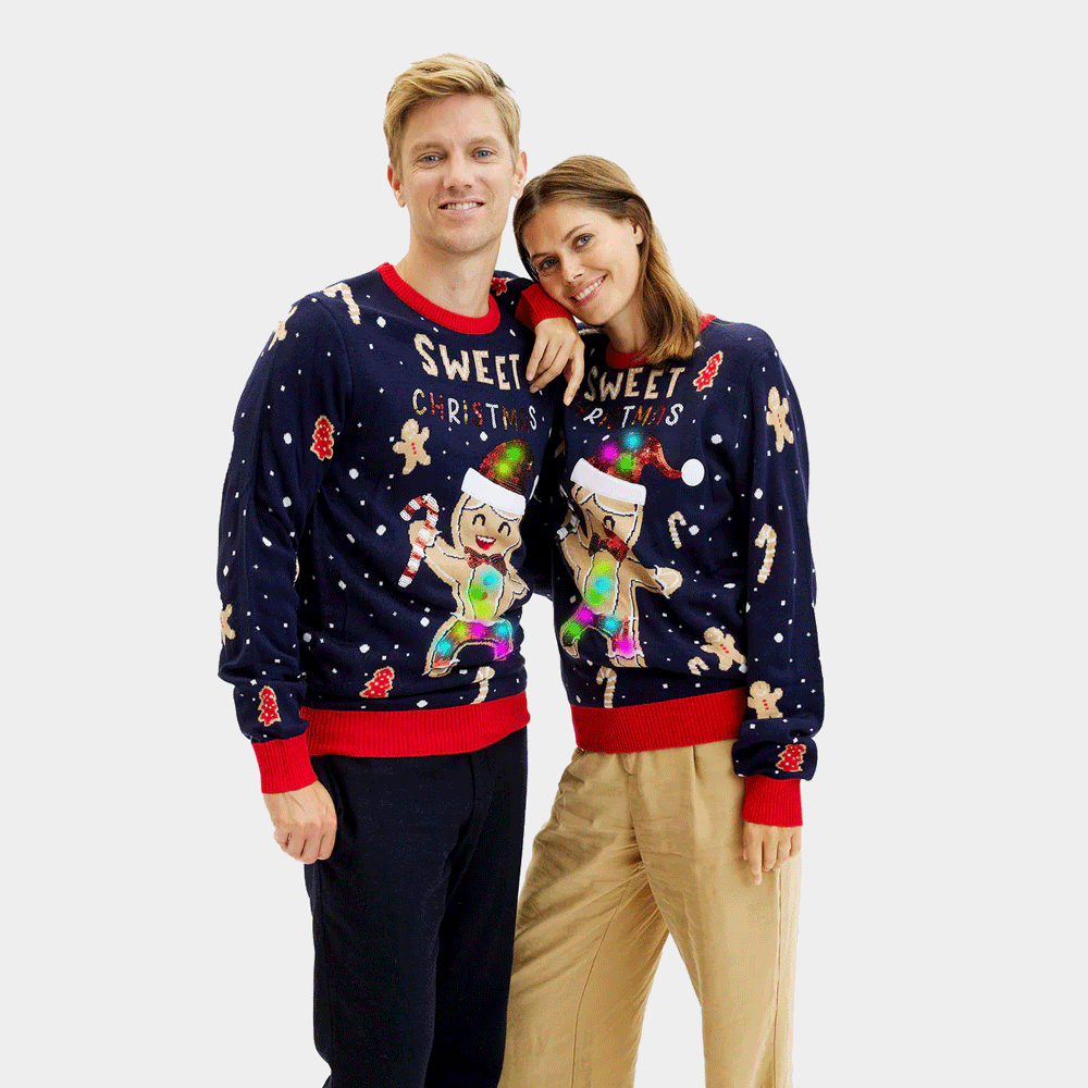 Pull de Noël Homme et Femme Lumineux LED Bleu Ginger Cookie