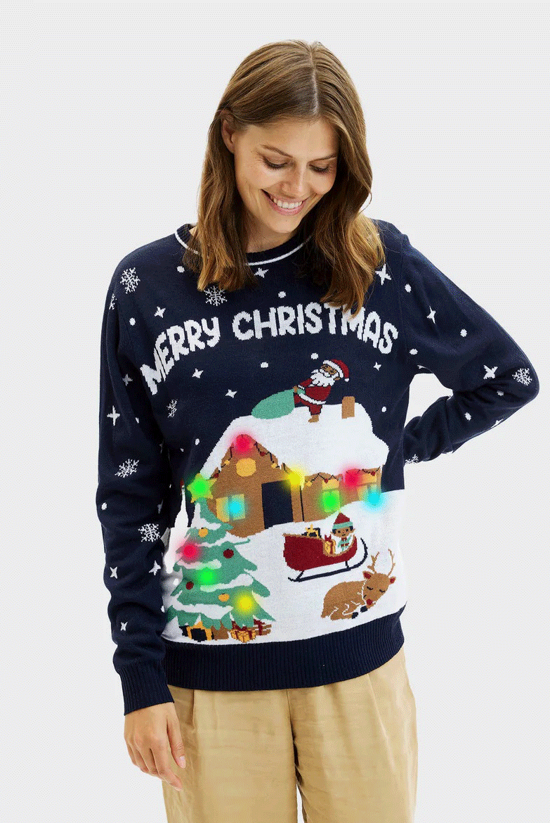 Femme Pull de Noël Lumineux LED Bleu Merry Christmas