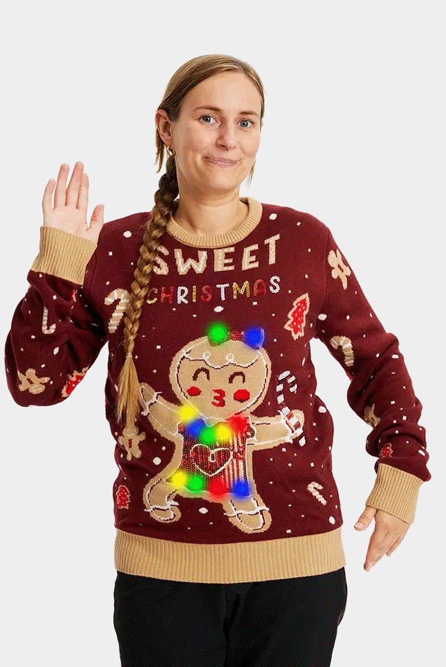 Ginger Cookie Pull de Noël pour Femme Lumineux LED Rouge