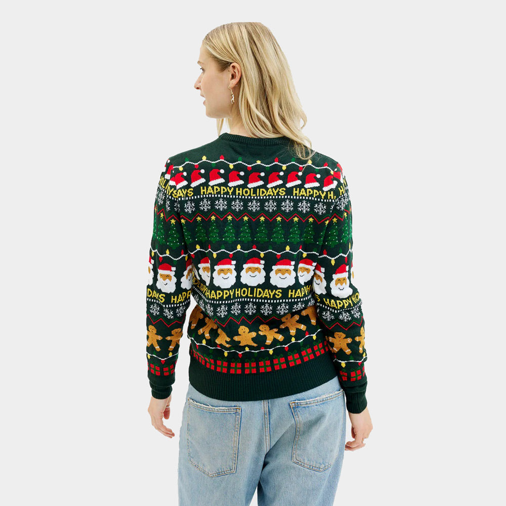 Happy Holidays Pull de Noël pour Femme Vert