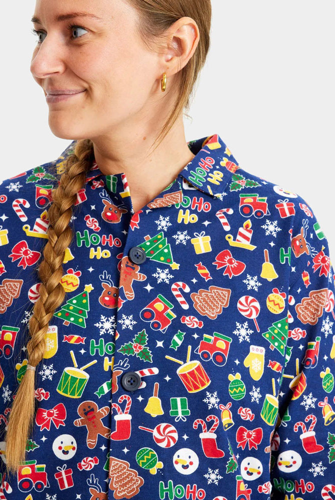 Femme Pyjama de Noël Familial Bleu Motifs de Noël