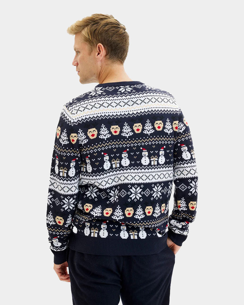Pull de Noël Bleu Bonhommes de Neige et Sapins pour Homme