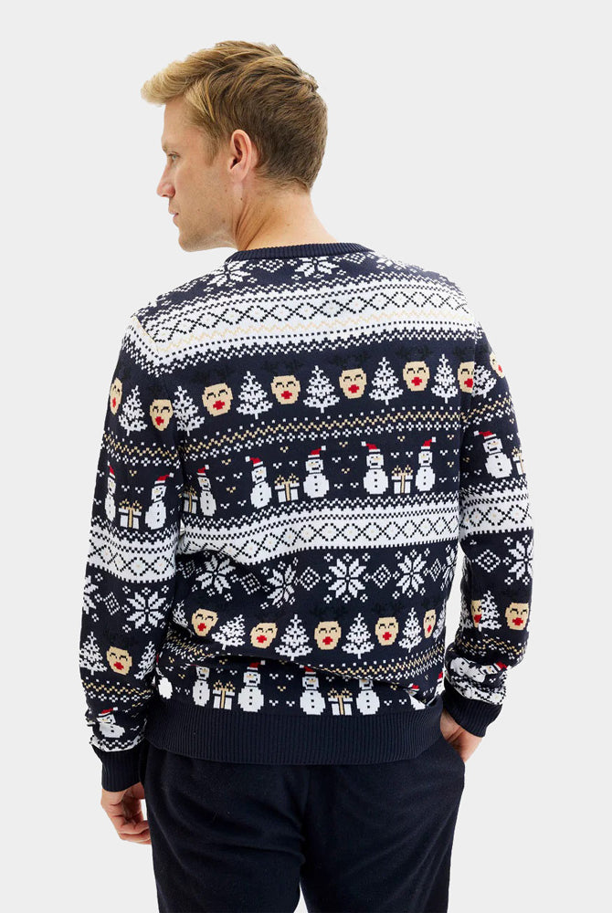 Pull de Noël Bleu Bonhommes de Neige et Sapins pour Homme