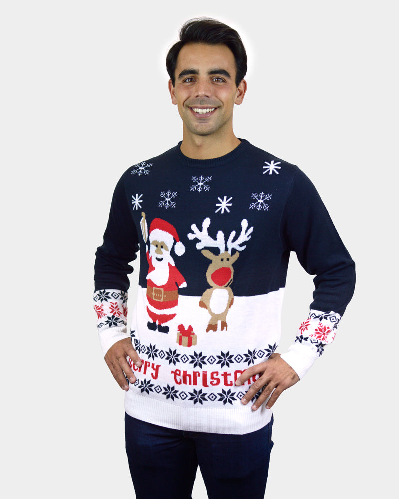 Pull de Noël Bleu Père Noël et Rudolph le Renne Coton Bio homme