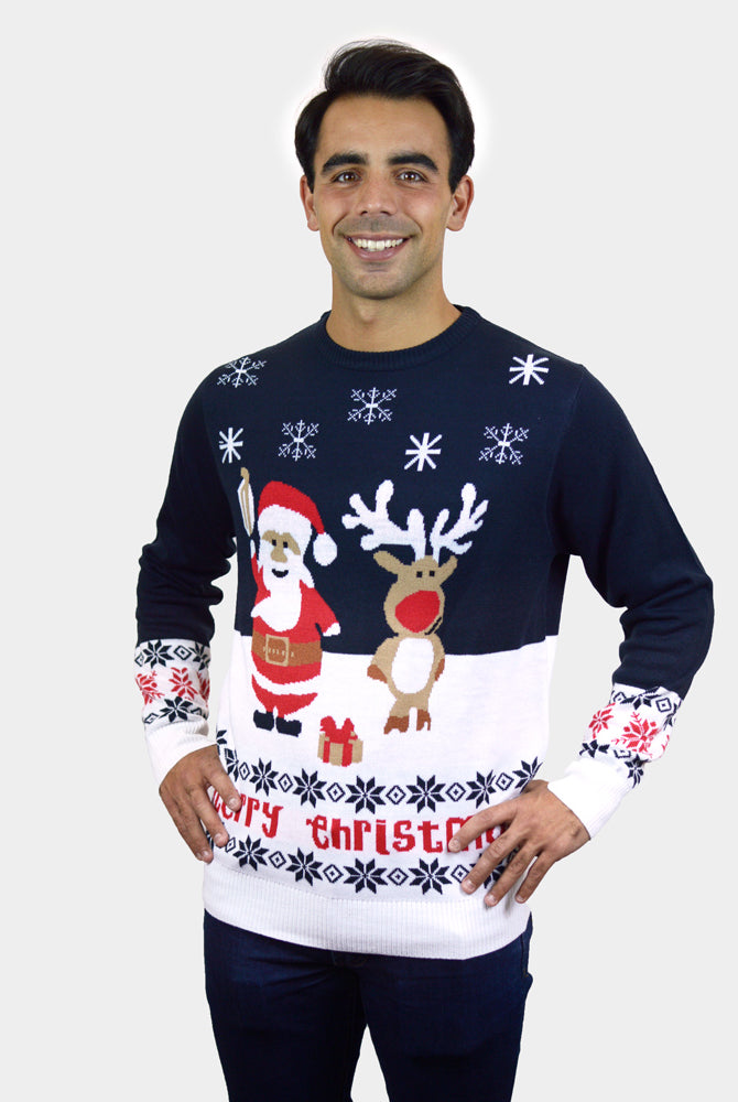 Homme Pull de Noël pour Homme Bleu Père Noël et Rudolph le Renne