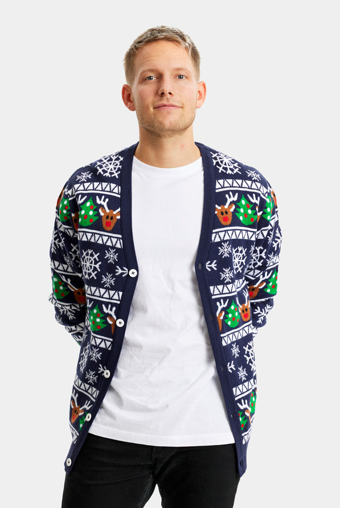 homme Pull de Noël Cardigan pour Couple Bleu avec Rennes et Sapins de Noël