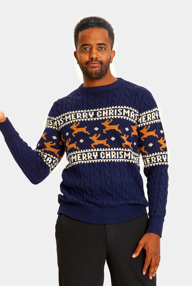 Homme Pull de Noël Chic pour Couple Bleu avec Rennes Coton Bio