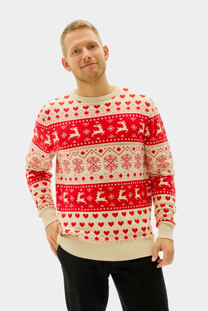 Pull de Noël pour Couple avec Cœurs Rouges et Beige Coton Bio homme