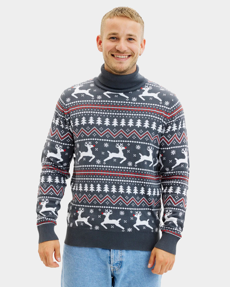 Pull de Noël pour Couple à Col Roulé Gris Rennes Coton Bio Homme