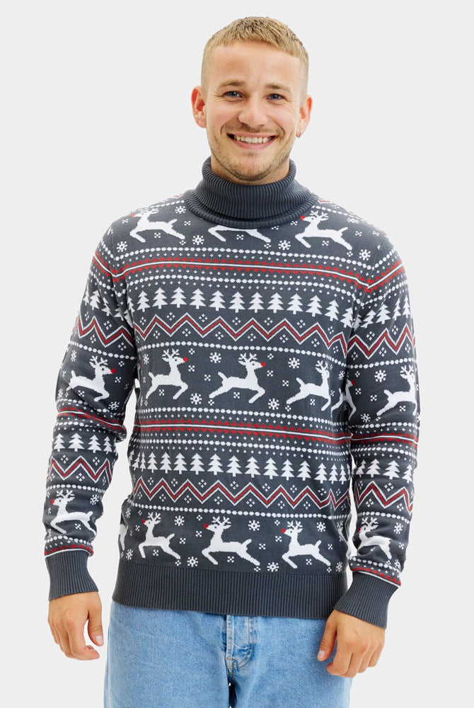 Pull de Noël pour Couple à Col Roulé Gris Rennes Coton Bio Homme