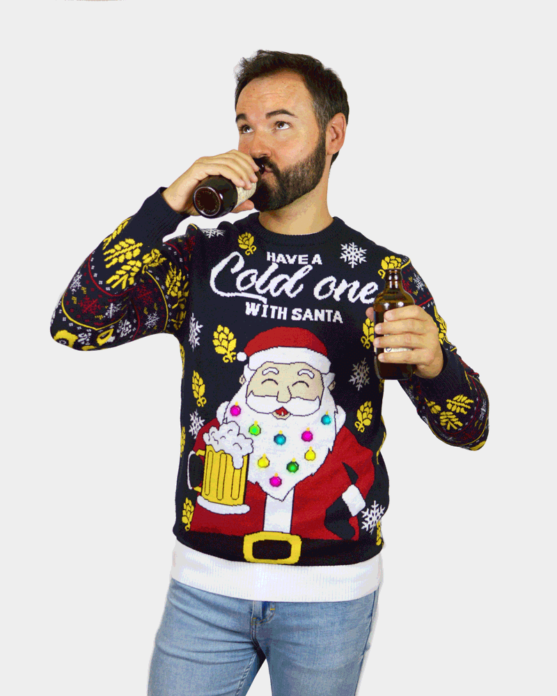 Pull de Noël pour Couple Lumineux LED homme Père Noël avec Bière