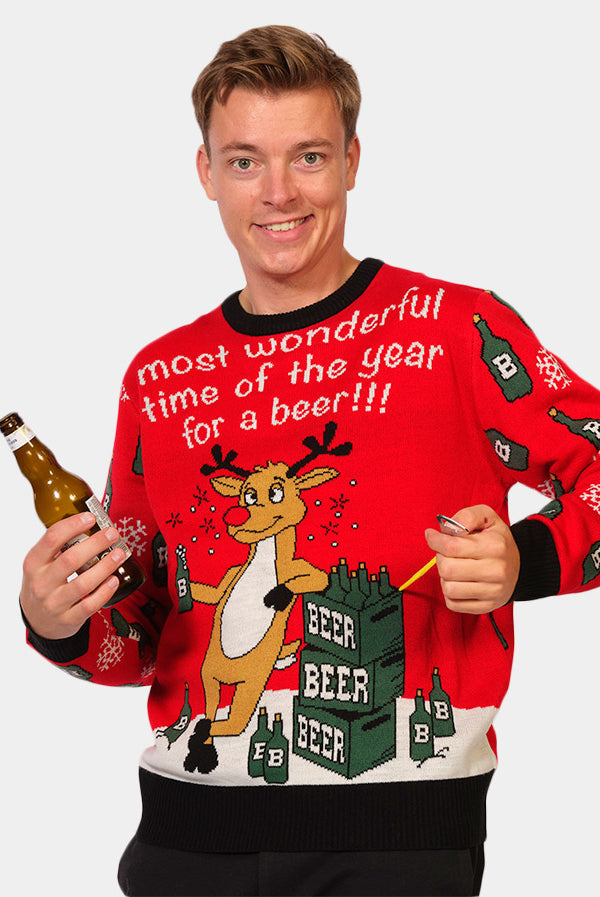 Pull de Noël pour Couple Renne avec Ouvreur de Bière homme