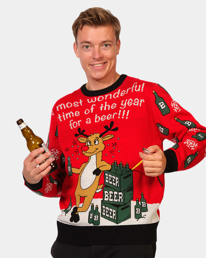 Pull de Noël pour Couple Renne avec Ouvreur de Bière homme