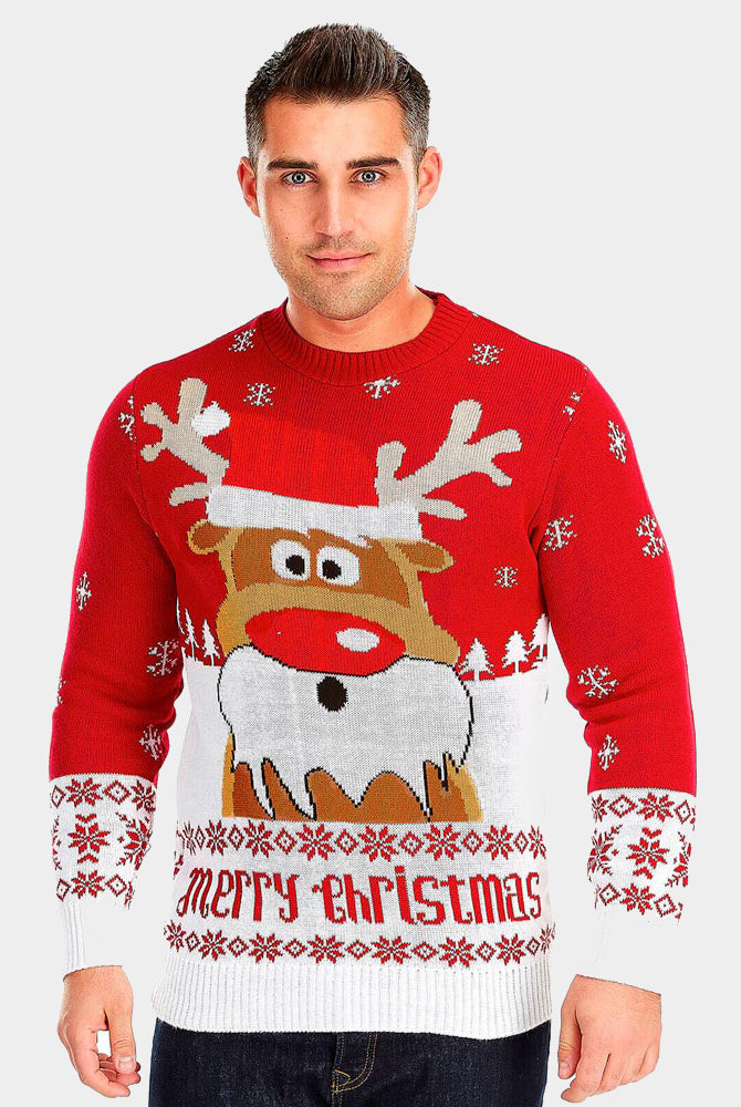 Pull de Noël pour Couple Rouge avec Rudolph le Renne homme