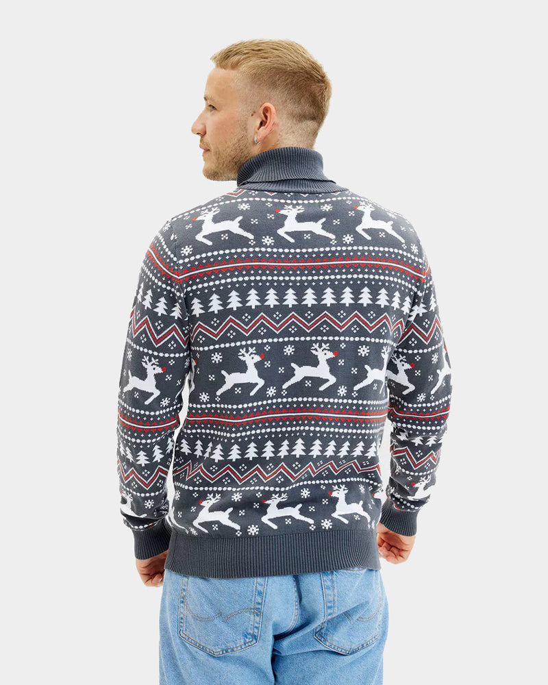 Homme Pull de Noël pour Femme à Col Roulé Gris Rennes Coton Bio