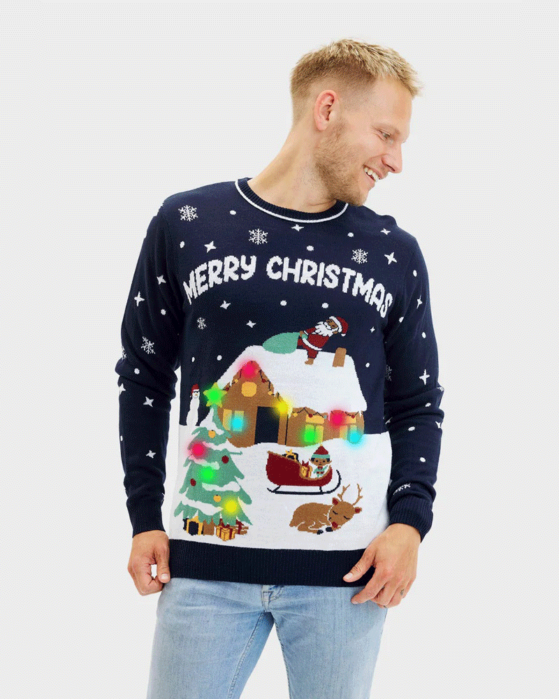 Homme Pull de Noël Lumineux LED Bleu Merry Christmas