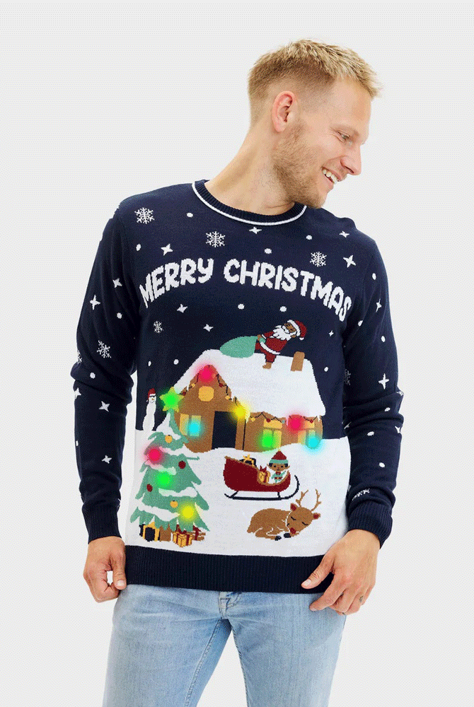 Homme Pull de Noël Lumineux LED Bleu Merry Christmas