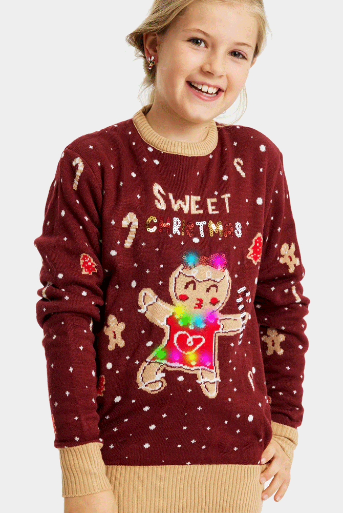 Pull de Noël Enfants Lumineux LED Rouge Ginger Cookie