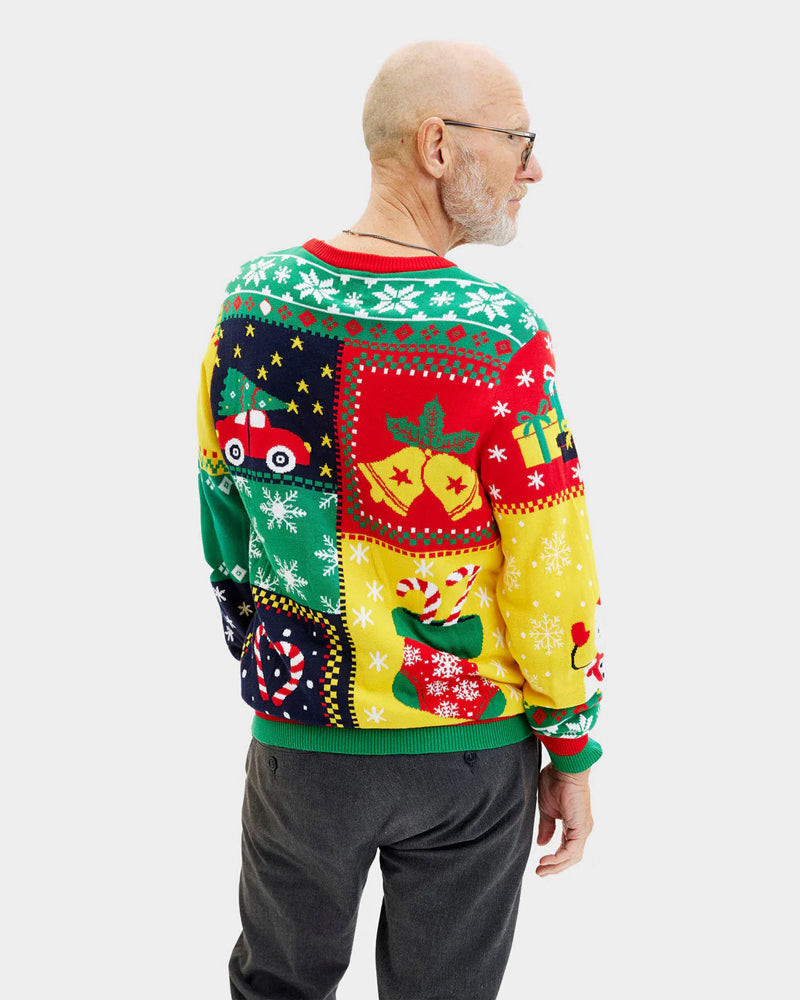 Patchwork Pull de Noël pour Homme en Coton Bio