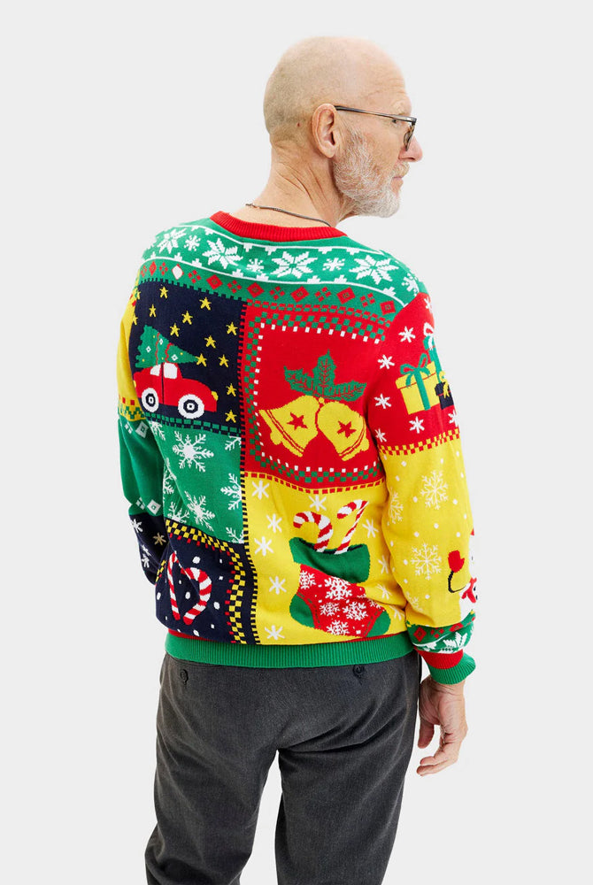 Patchwork Pull de Noël pour Homme en Coton Bio