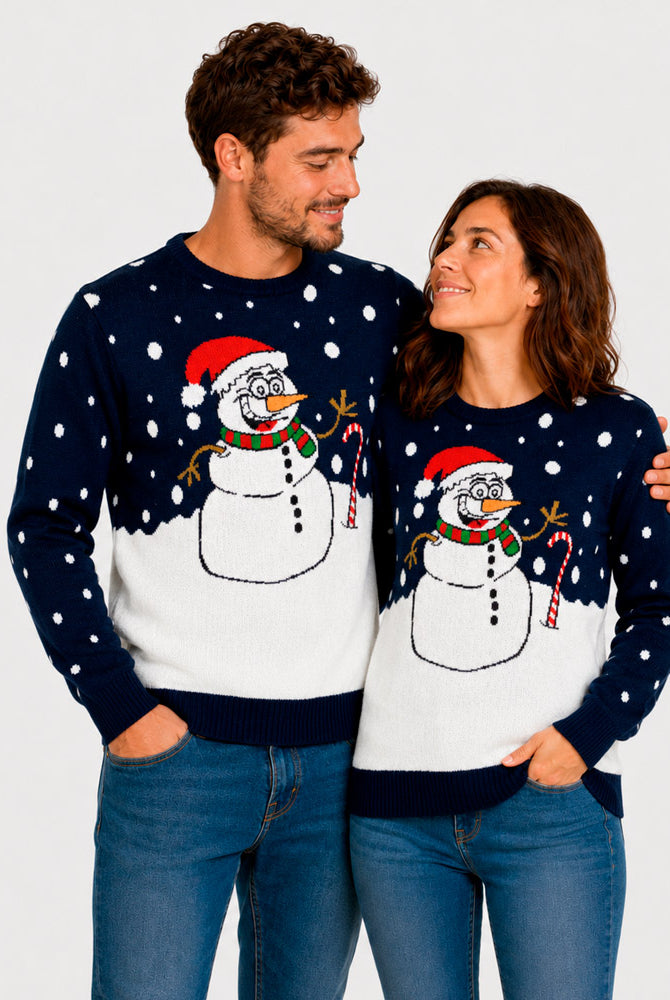 Pull de Noël Bleu Marine avec Bonhomme de Neige Couple