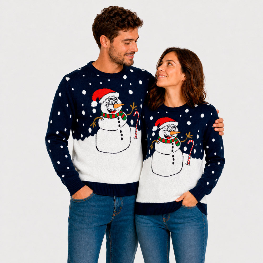 Pull de Noël Bleu Marine avec Bonhomme de Neige Couple