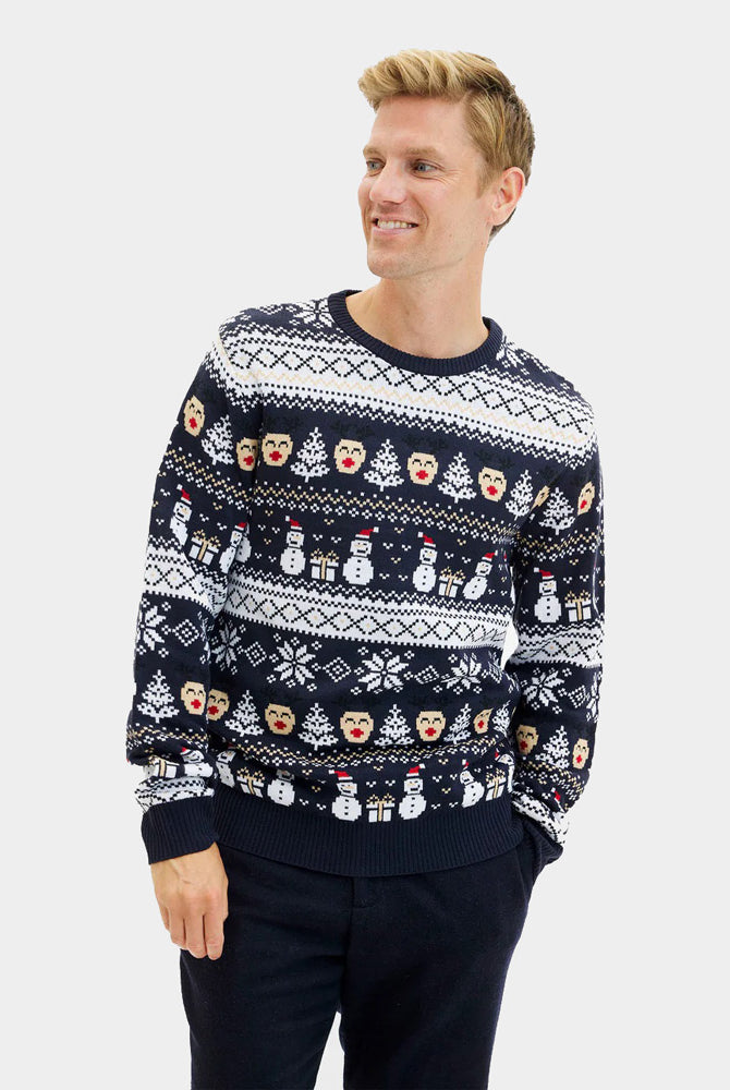 Pull de Noël Homme Bleu Bonhommes Neige Sapins