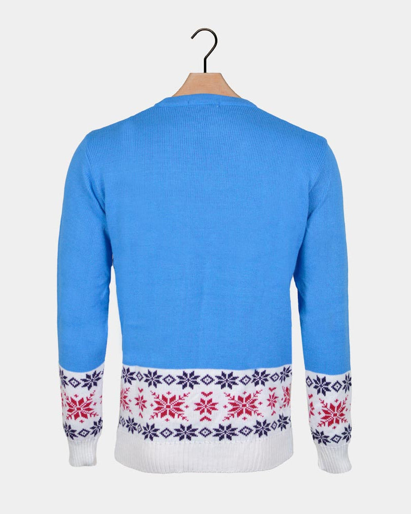 Pull de Noël Homme Bleu Ciel Renne et Neige
