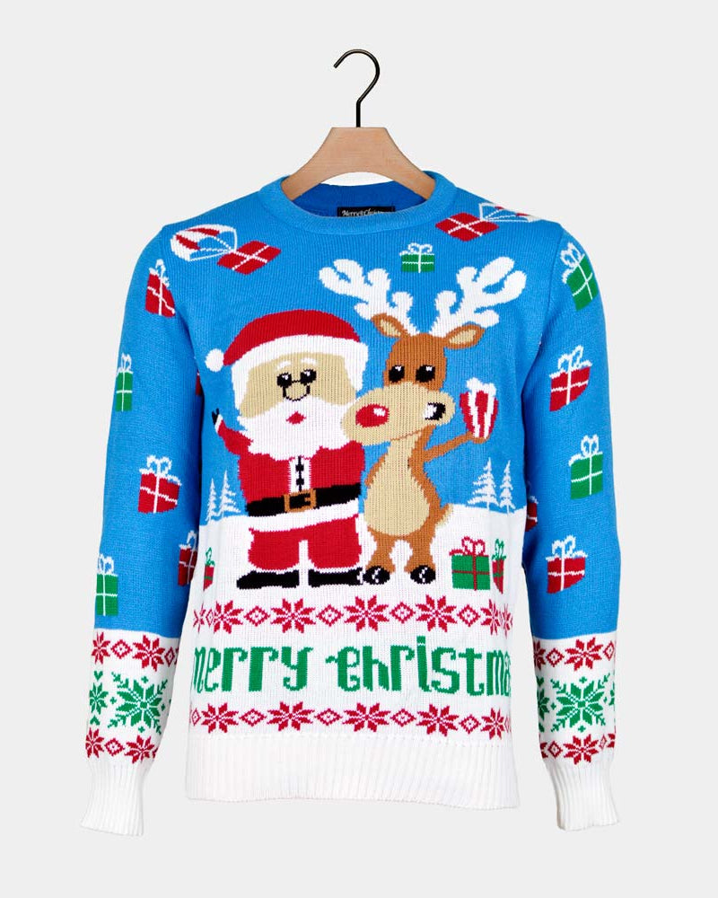 Pull de Noël Couple Bleu Ciel Rudolph le Renne et Père Noël