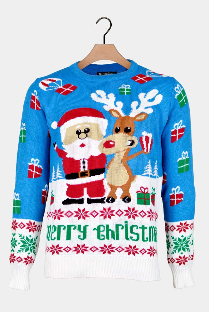 Pull de Noël Couple Bleu Ciel Rudolph le Renne et Père Noël