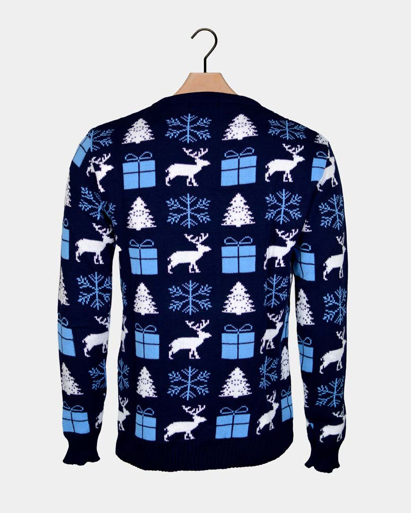 Pull de Noël Couple Bleu Rennes, Cadeaux et Sapins