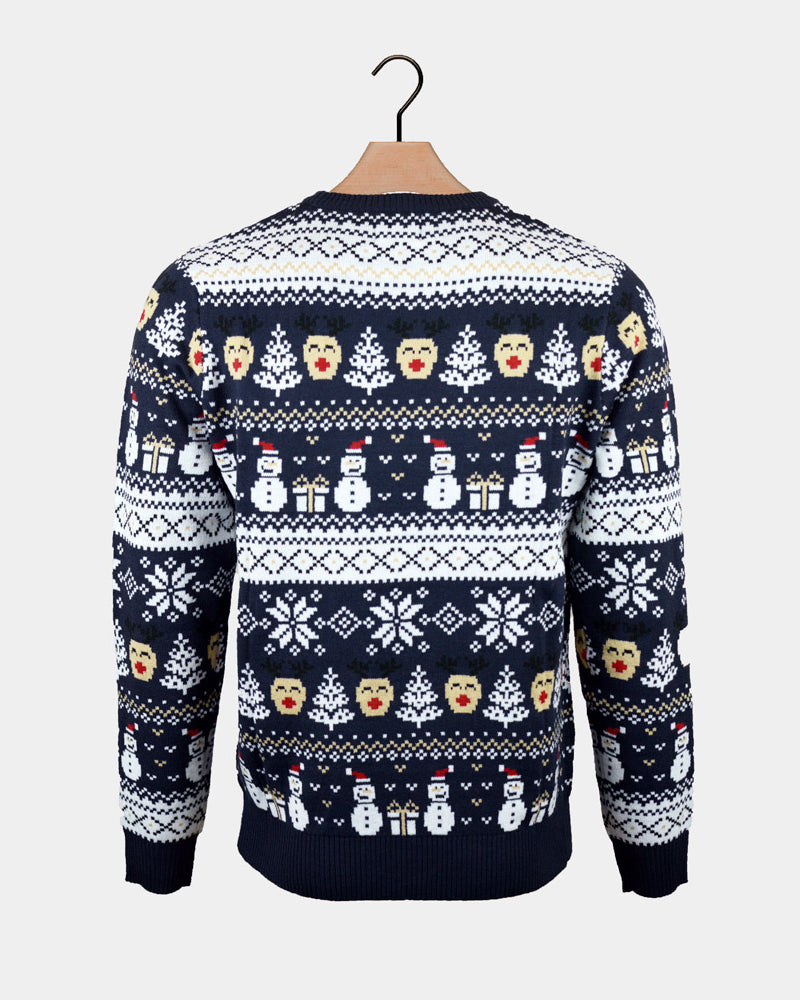 Pull de Noël Bleu Femme Bonhommes de Neige et Sapins