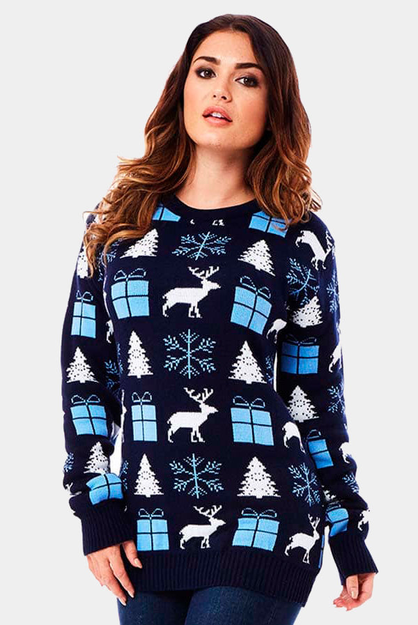 Pull de Noël Femme Bleu avec Rennes, Cadeaux et Sapins