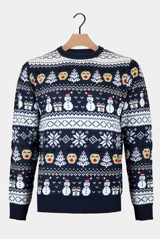 Pull de Noël Bleu pour Homme Bonhommes de Neige et Sapins
