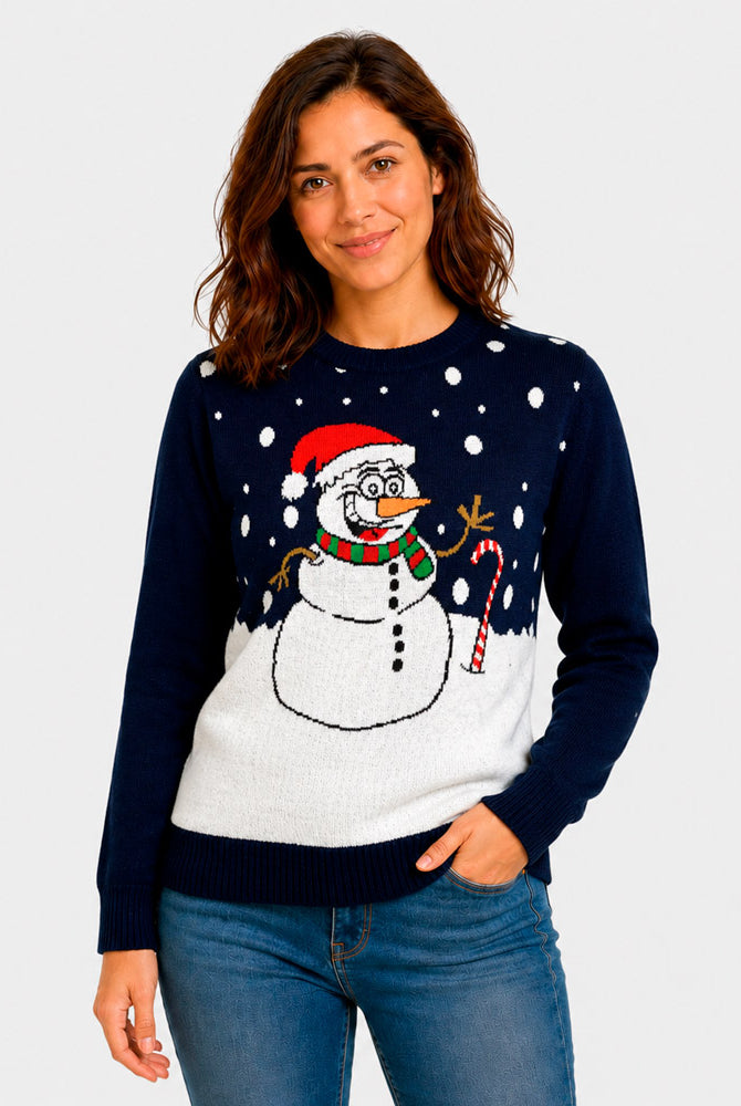 Pull de Noël Bleu Marine avec Bonhomme de Neige Femme