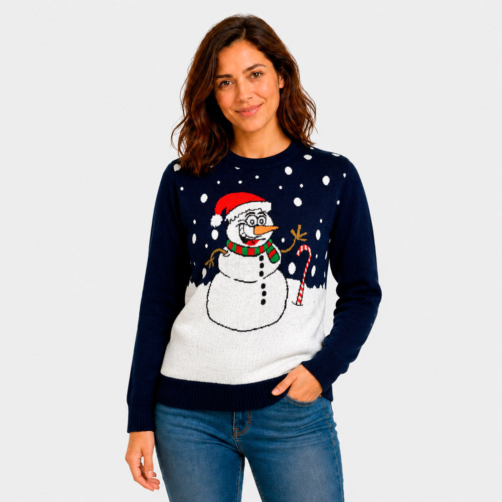 Pull de Noël Bleu Marine avec Bonhomme de Neige Femme