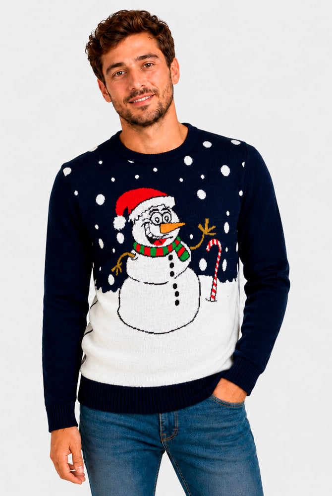 Pull de Noël Bleu Marine avec Bonhomme de Neige