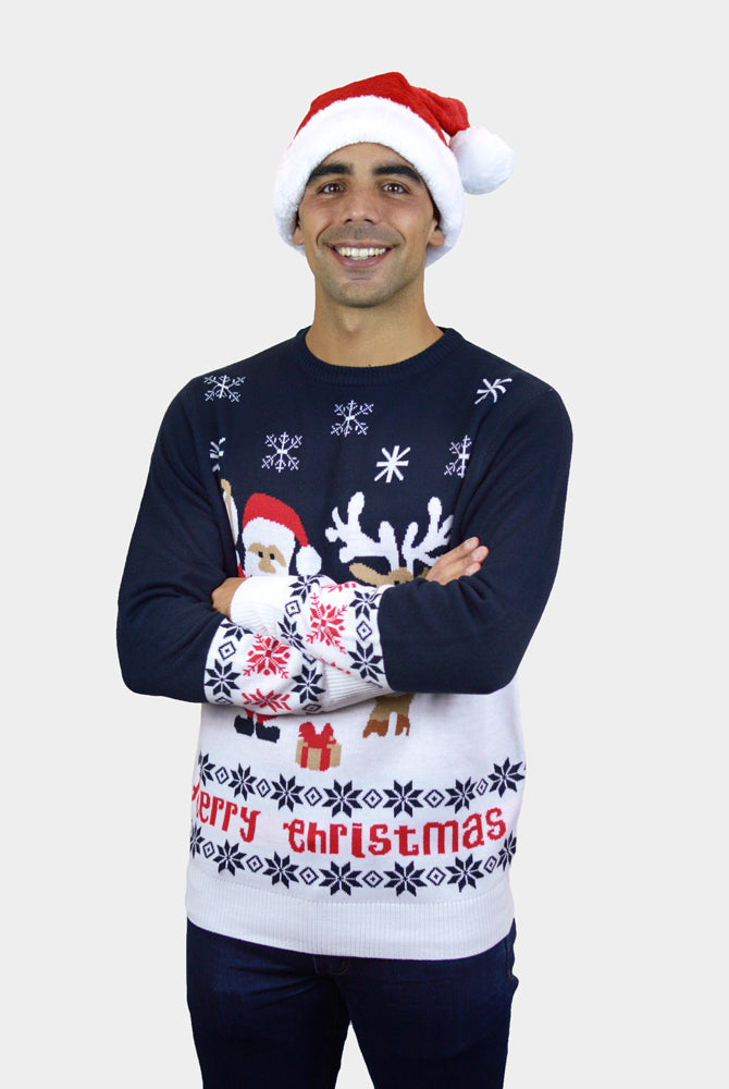 Pull de Noël pour Homme Bleu Homme Père Noël et Rudolph le Renne
