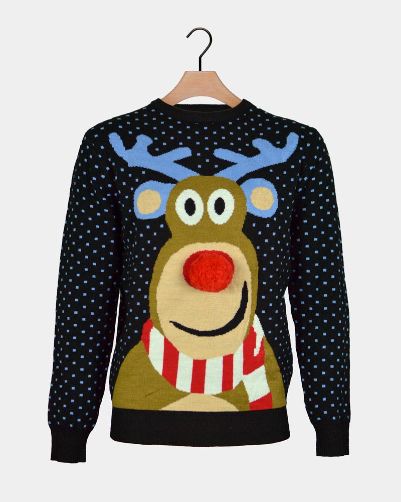 Pull de Noël  Bleu Renne avec Nez Rouge 3D pour Famille