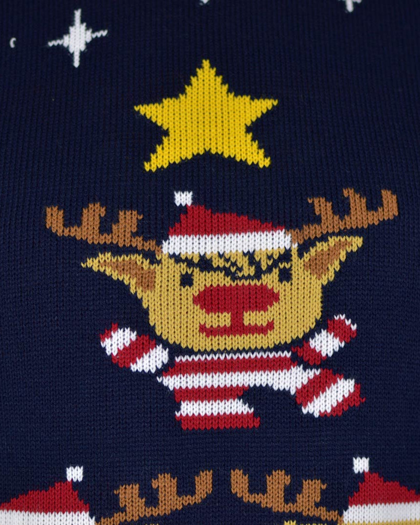 Pull de Noël Bleu pour Couple Rennes, Sapin de Noël et Étoile detail
