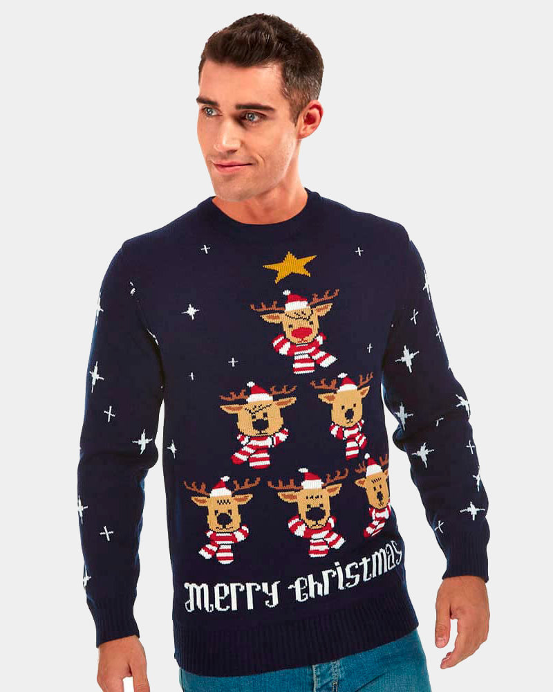 Pull de Noël Bleu pour Couple Rennes, Sapin de Noël et Étoile homme