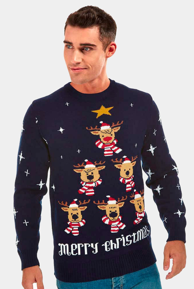 Pull de Noël Bleu pour Couple Rennes, Sapin de Noël et Étoile homme