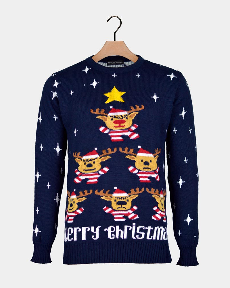 Pull de Noël Bleu pour Couple Rennes, Sapin de Noël et Étoile