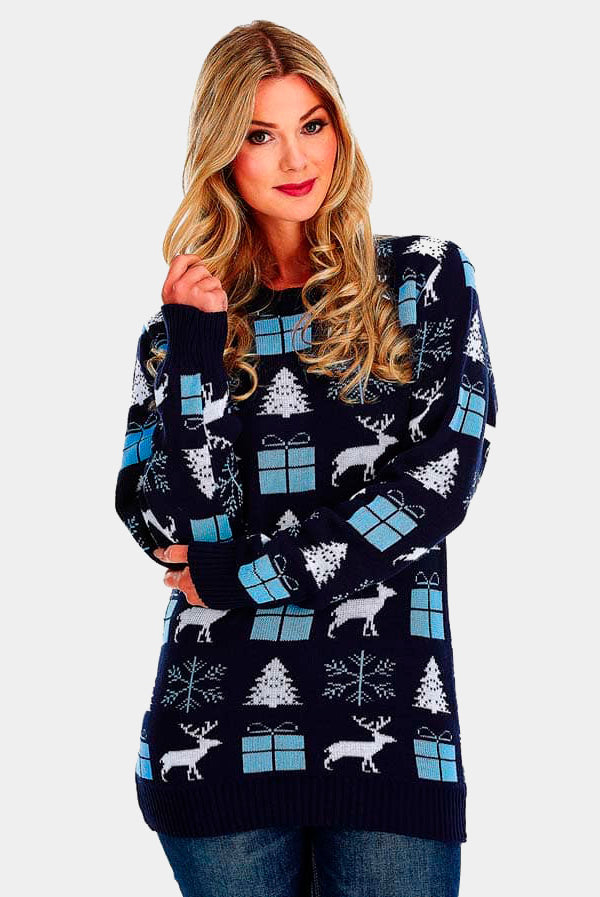 Pull de Noël Bleu Femme Rennes, Cadeaux et Sapins